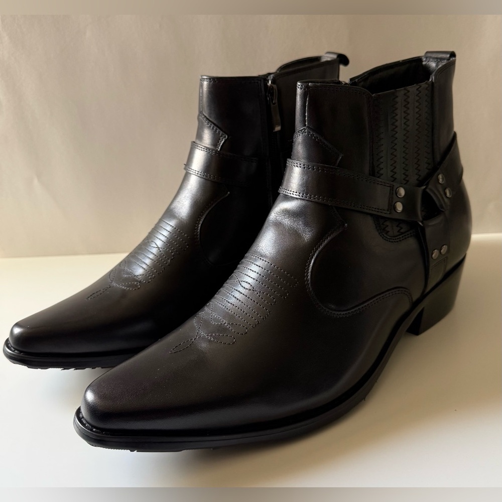 Calto Men's Leather Cowboy Boots with Zipper and Buckle Detail Black Size 11.5